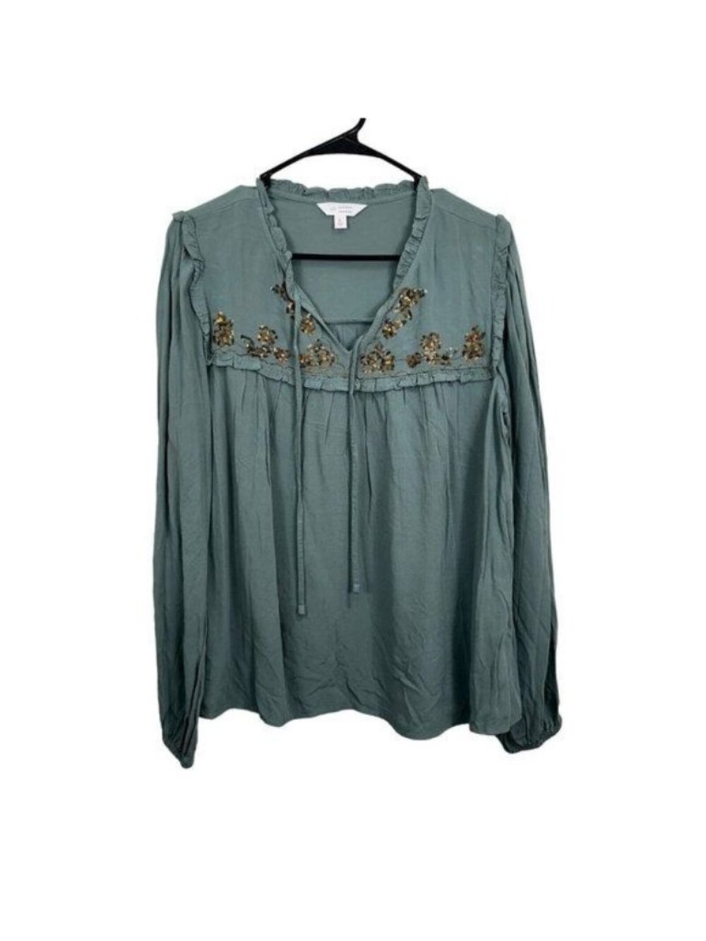 Lauren Conrad Women SZ L Pale Green Sequins Embroidered Long Sleeve Casual Top
